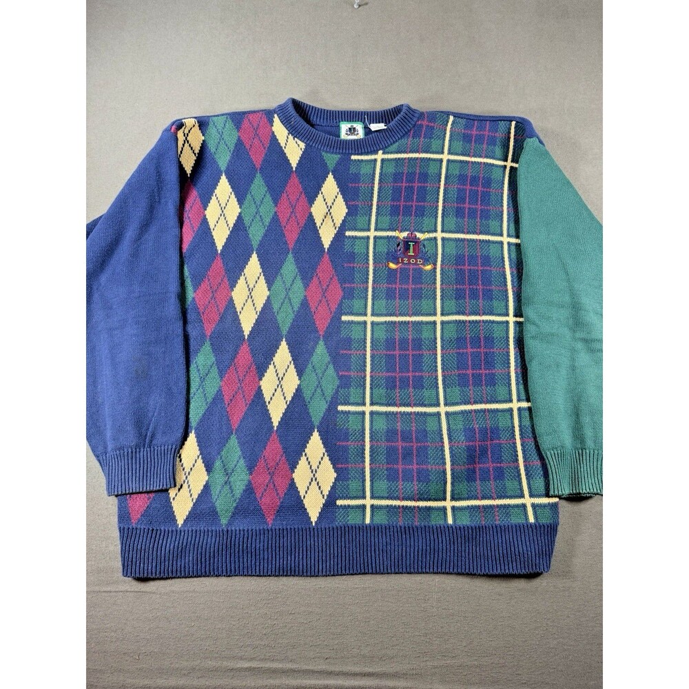 Vintage IZOD Sweater Mens XL Blue Colorblock Argyle Golf Club Patch 80s Crew Nec